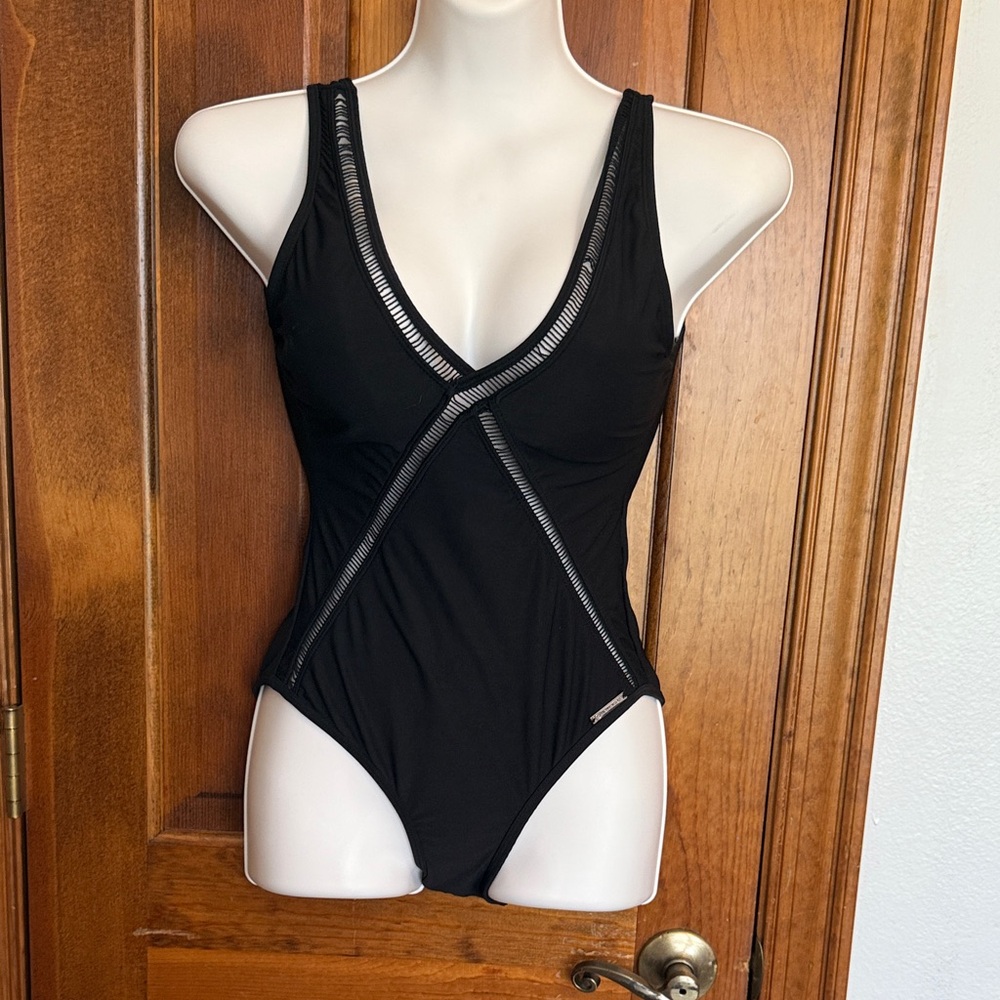 Michael Kors Black V-Neck One Piece Swimsuit